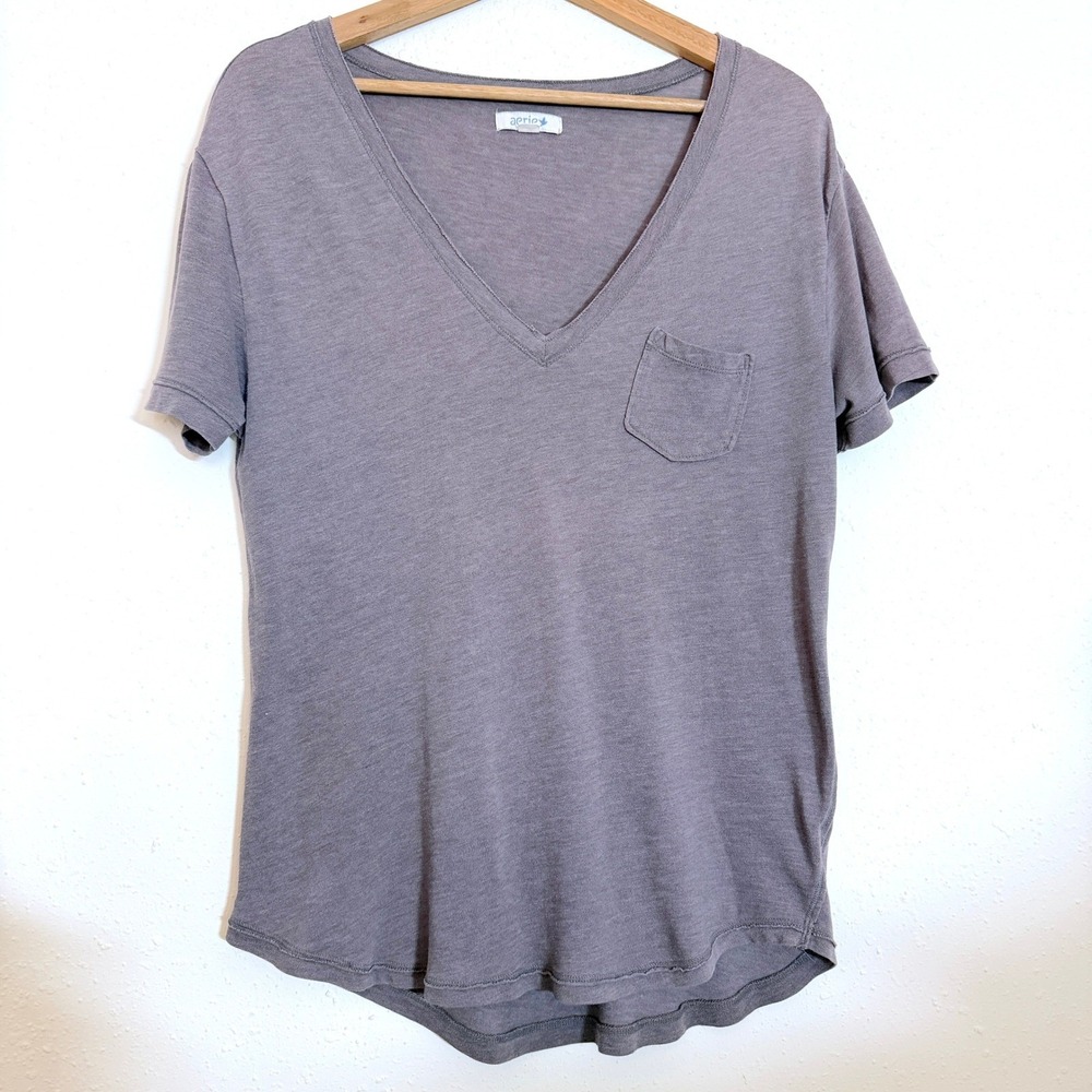 Aerie V-Neck Pocket Tee Soft Gray‎ Casual Everyday Comfy Top Womens Medium
